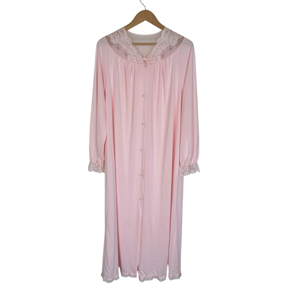 Shadowline Vintage Pink Lace Embroidered Button Front Peignoir Robe Large USA